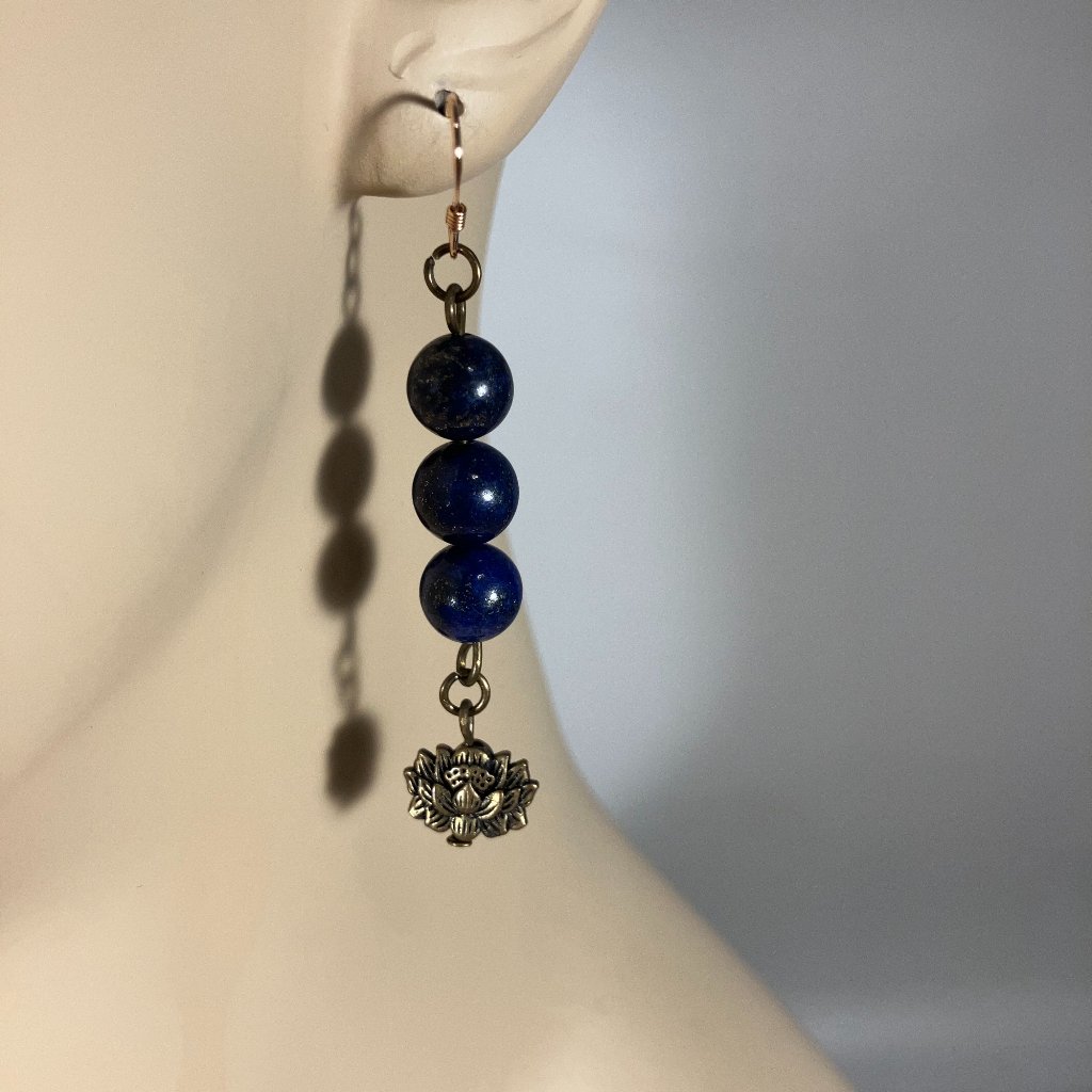 Handcrafted Natural Lapis Lazuli Earrings W Antique Bronze Pewter Buddhist Lotus